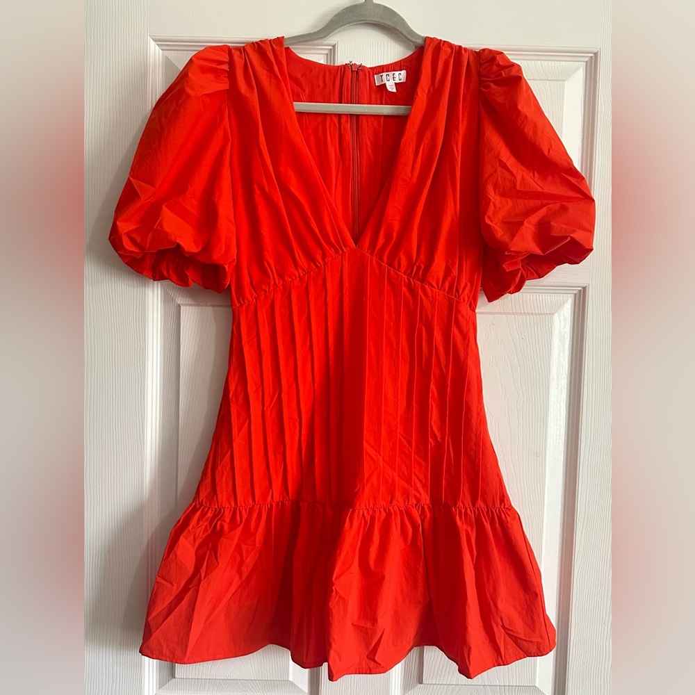 TCEC bright red/orange pleated puff sleeve dress